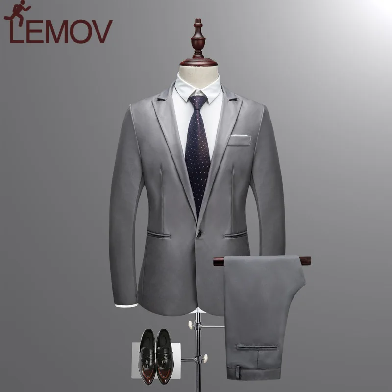 Jacket + Pant New Men Business Slim Suits Sets Solid Color Wedding Office Dress Two-piece Suit Blazers Coat Trousers Waistcoat