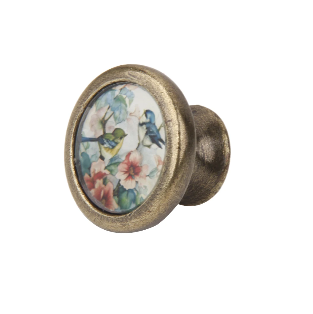 10Pcs Vintage Brass Wardrobe Drawer Door Cupboard Pull Bin Retro Handle Knob Birds and Flower Pattern