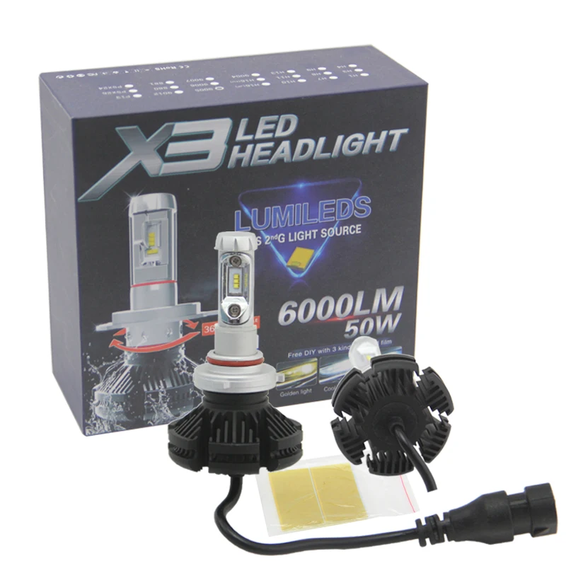 SHUOKE 2 шт X3 светодиодный налобный фонарь 50 Вт 6000лм светодиодный автомобильный фонарь 4300 K/6000 K/8000 K ZES чип 9005 HB3 светодиодный Автомобильная противотуманная лампа DIY Цвет