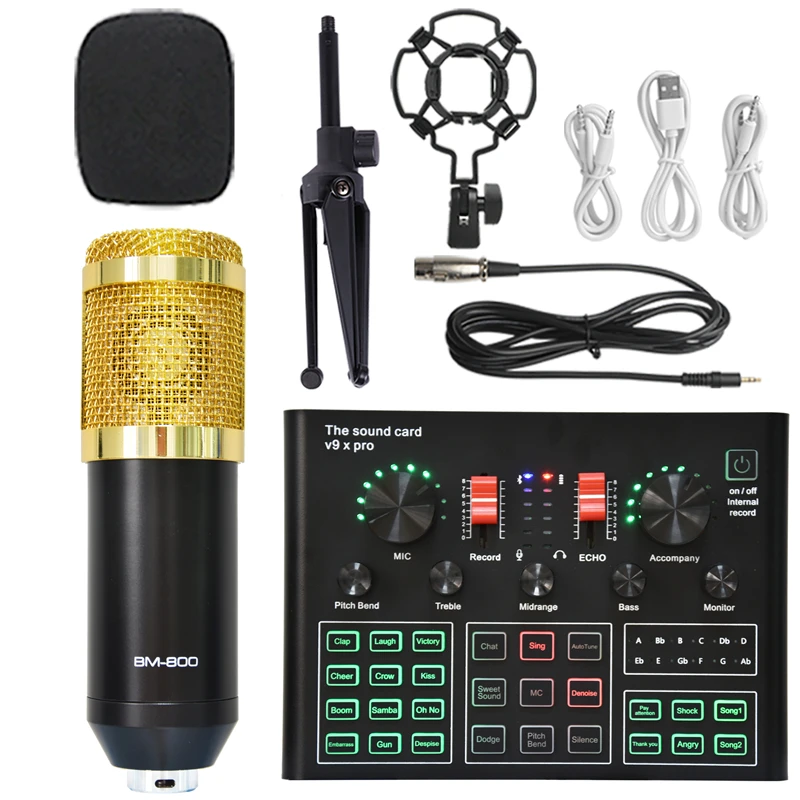 BM 800 Condenser Microphone Sound Card V9XPRO with Ring Fill Light Cantilever Bracket Bluetooth Wireless Live Streaming Kit MIC 