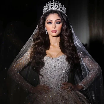 شراءفستان زفاف فاخر بأحجار الراين وأكمام طويلة من الكريستال في دبي 2020 أميرة بالخرز الكامل فساتين زفاف Vestido De Noiva Modesto