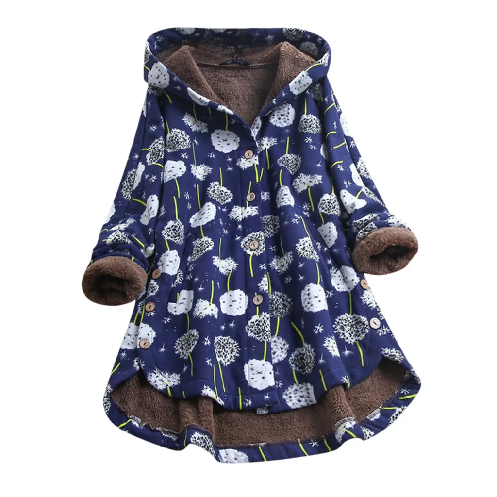 Зимняя женская теплая парка с капюшоном из искусственного меха повседневные Карманы с цветочным принтом винтажная Длинная ветровка верхняя одежда размера плюс# J30