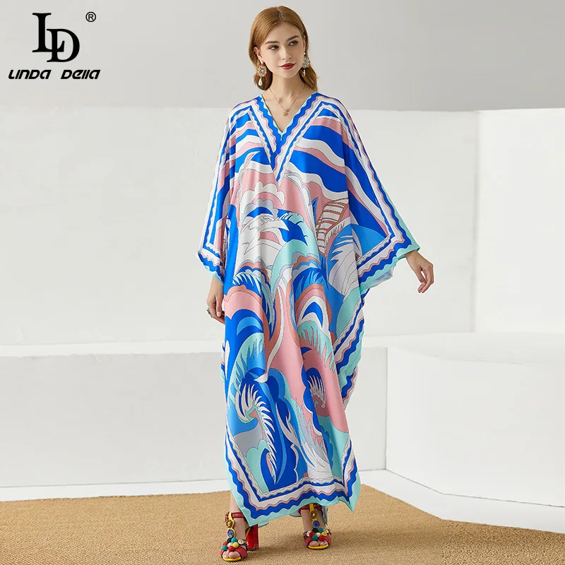 

LD LINDA DELLA knitted Loose Dress Plus Size Women V-Neck Batwing Sleeve Bohemia Holidays Party Print Maxi Long Dress robe gown