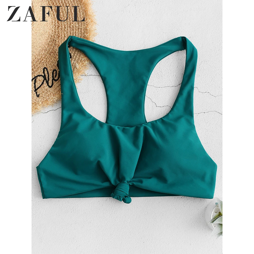 

ZAFUL Knot Racer Bikini Top For Women Solid Scoop Neck Swim Top Removable Padded Racer Beach Bikini Top 2020 Newest Fashion