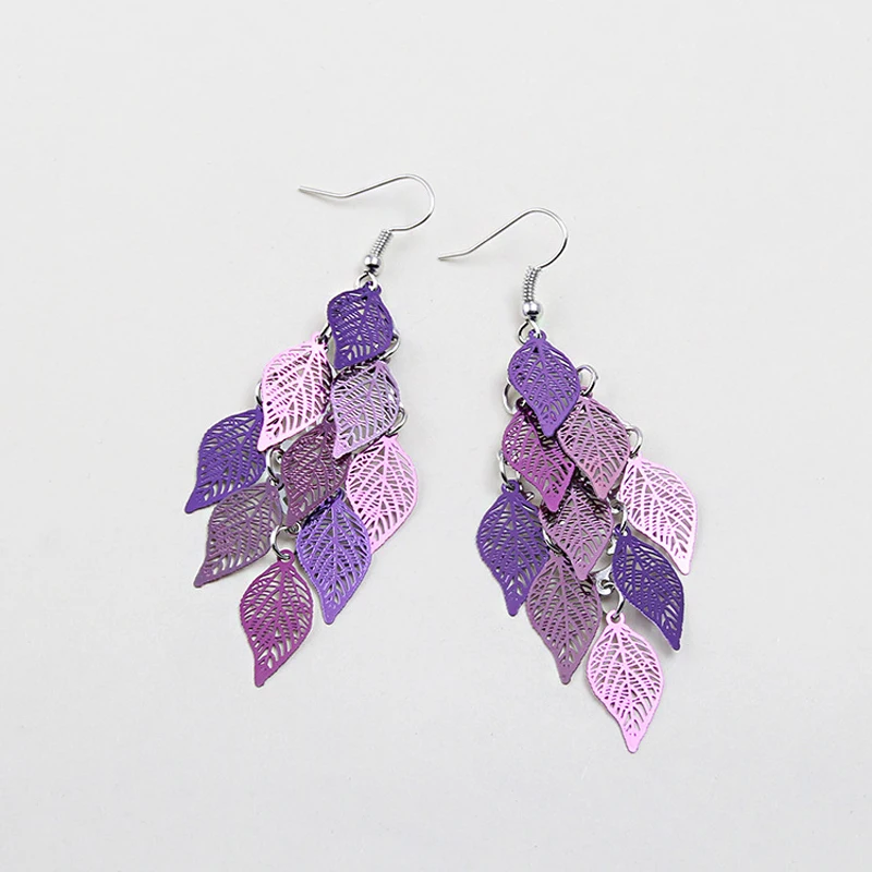 Новинка, женские модные серьги в богемном стиле с полыми листьями и кисточками, длинные висячие серьги, женские очаровательные подарочные украшения, тренд - Окраска металла: Purple