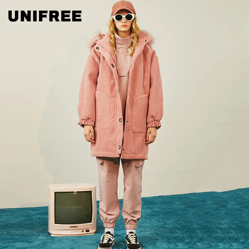 

UNIFREE Winter Dress Female 2019 New Hat-and-Neck Pure Color Medium-and-Long Straight Cylinder Cotton Clothing UHH184O007