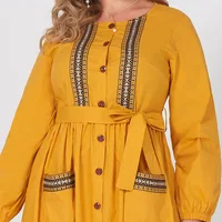 Fashion Yellow Woven Ribbon Ethnic Embroidery Stitching Sashes Long Sleeve Women Holiday Party Plus Size Dresses 1