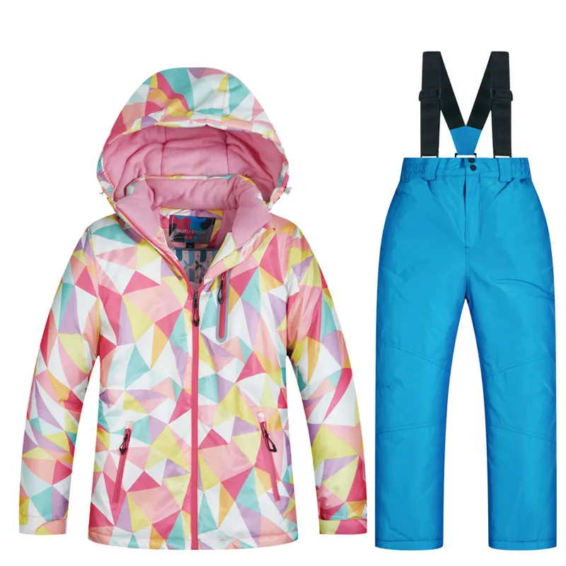 Детский лыжный костюм высокого качества; детская ветрозащитная Водонепроницаемая яркая куртка для мальчиков и девочек; зимняя куртка для сноуборда и брюки; зимнее платье - Цвет: RFSJ and BLUE