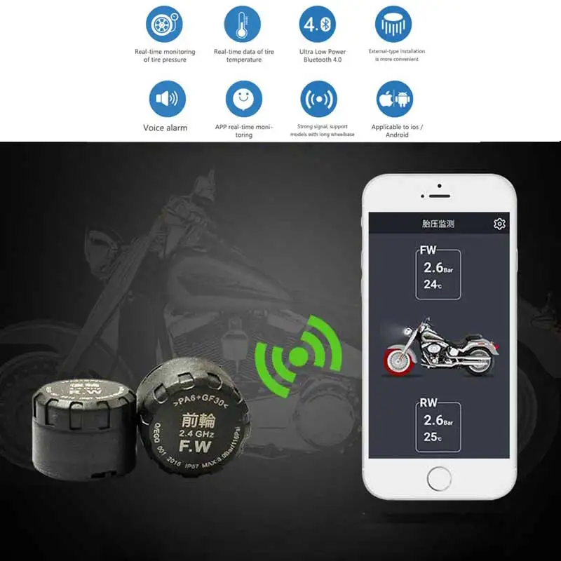 

Real Time Motorcycle TPMS Tyre Pressure Monitoring System Bluetooth Monitoring System Mobile Phone Detection External Sensor
