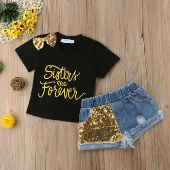 

Goocheer Casual Newborn Toddler Kid Baby Girl Sequins Denim pants+tops Outfits Clothes 2PCS Set Cotton+Denim Fashion