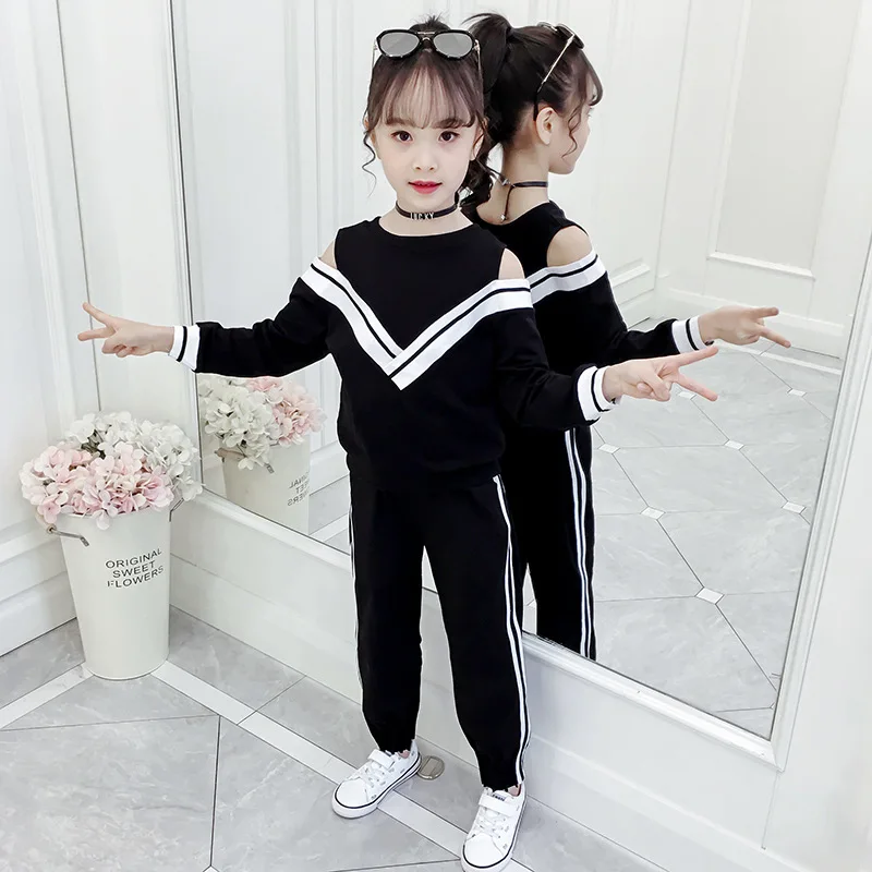 

2020 Girls Spring And Autumn Set-Style Exposed Shoulder V-neck Stripes CHILDREN'S Sweater Korean-style Long Sleeve Big Boy Two-P