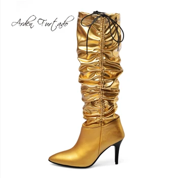 

Arden Furtado Fashion Women's Shoes Winter Pointed Toe Stilettos Heels Pleated Leather Sexy Elegant Ladies Boots gold boots 41