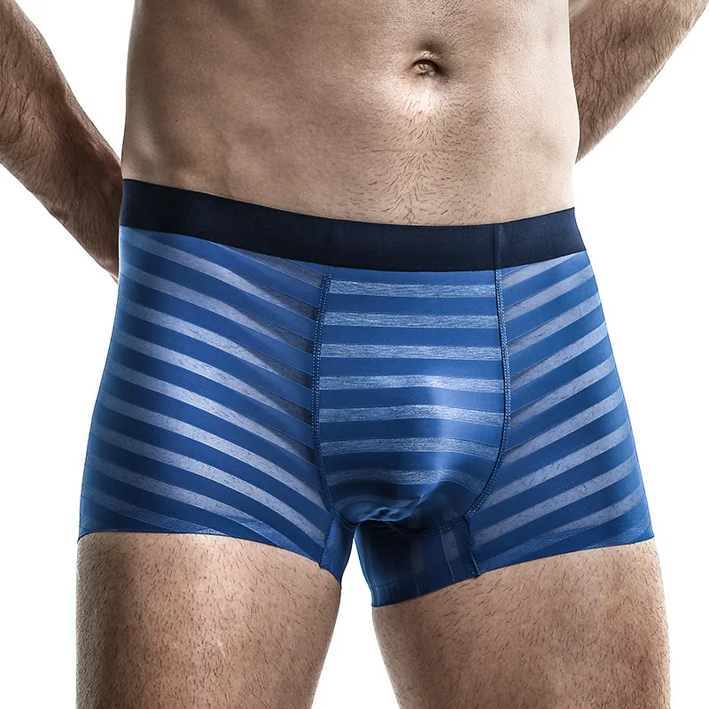 

Summer Man Ice Silk Stripe Soft Underwear Thin Breathable Seamless High Elasticity Mens Boxers Male U Pouch Bag Cueca Underpants