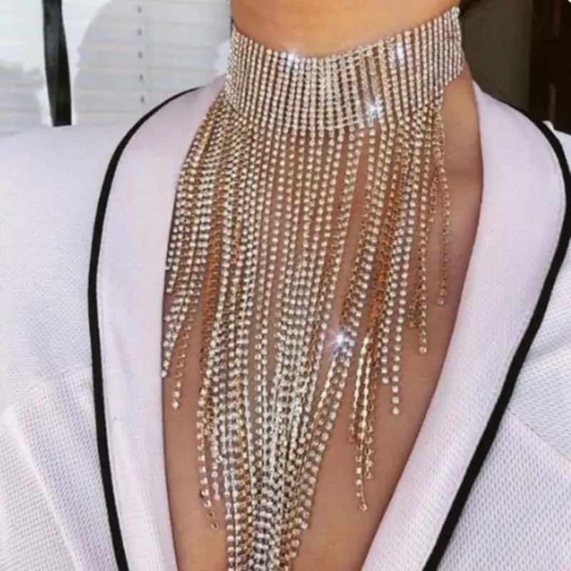 

Multilayers Full Rhinestone Long Shiny Tassel Necklace for Women Crystal Collar Choker Necklace Chain Jewelry Statement Necklace