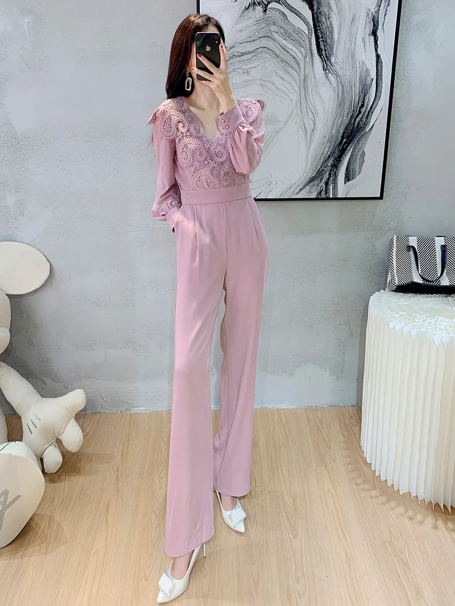 

French 2021 Autumn New Retro lace embroidery slim pink Jumpsuit