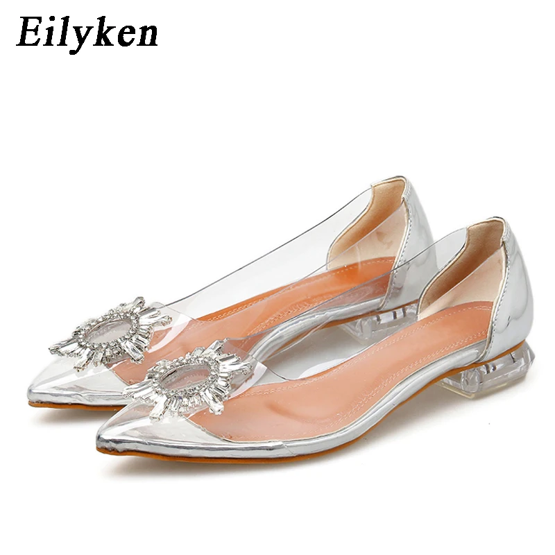 

Eilyken Metal Crystal Pointed Toe Women Flats shoes 2020 Spring PVC Transparent Women Shoes Loafers Silver Shoes