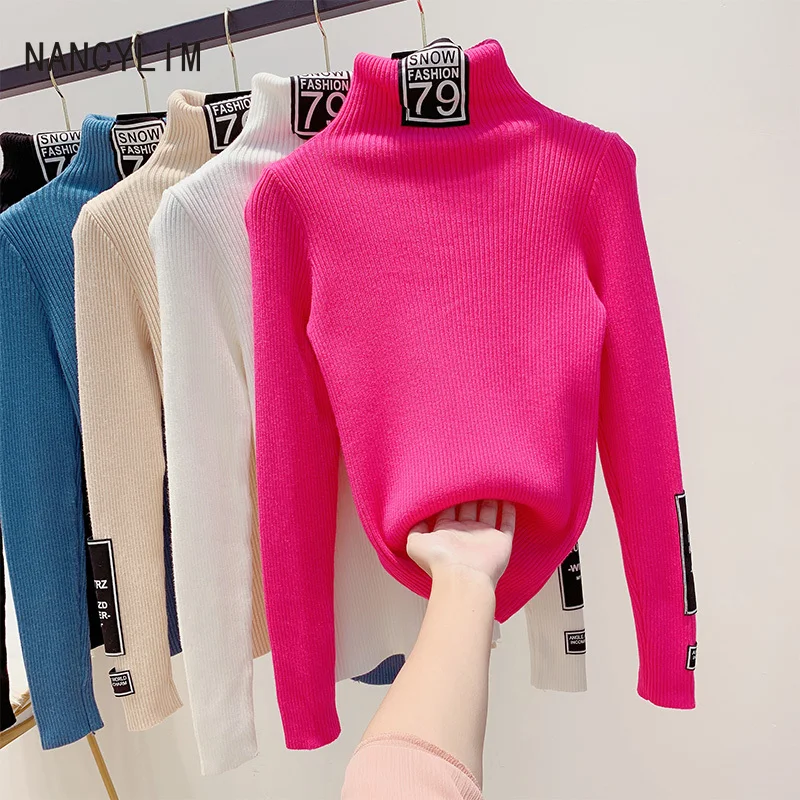 

Sweaters for Women Letter Patch Thickened Turtleneck Sweater Woman Autumn Winter Pullover Knitted Jumper Sweaters Pull
