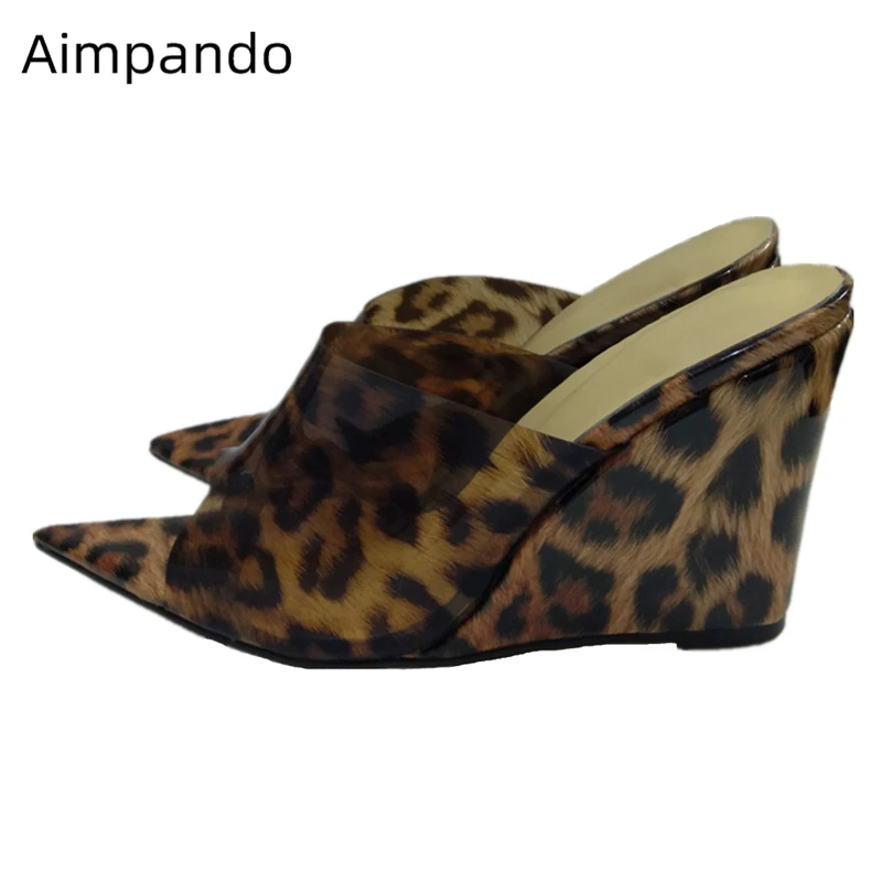 

Transparent PVC Leopard Summer Shoes Woman Sexy Pointed Toe Open Toe High Wedges Gladiator High Heel Slippers Women