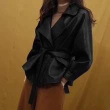 Женская куртка из искусственной кожи больших размеров, пальто осень, зимние бандажные куртки до талии, женская Свободная Повседневная Верхняя одежда с длинным рукавом