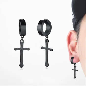1 Pair Men's Cross Hoop Earrings In Black Stainless Steel Crucifix Drop Huggie Hinged Earings Male Jewelry
