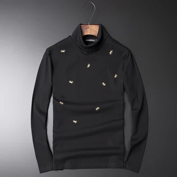 

Great Designer Mens T-shirt 2019 Autumn Winter Bee Embroidery Long Sleeve Half Turtleneck Fashion Style Shirts Drop shipping C27