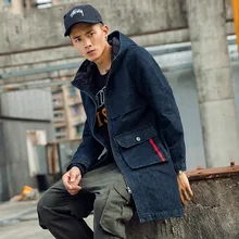 Новое поступление осенний высококачественный хлопковый джинсовый Тренч с капюшоном для мужчин, мужские джинсовые повседневные куртки, большие размеры S-4XL