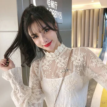 

COIGARSAM Full Sleeve blouse women New Lace Embroidery Mesh Turtleneck blusas womens tops and blouses Apricot 3705