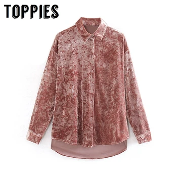 

Pink Velvet Shirt Loose Oversize Tops Vintage Long Sleeve Shirts 2019 Autumn Ladies Tops Korean Women Clothes