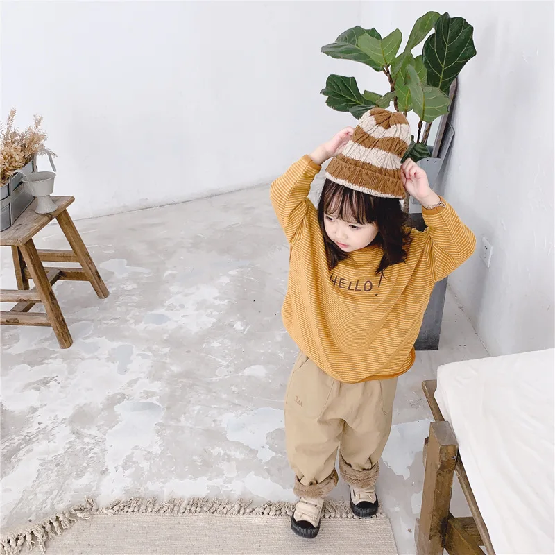 Children Wear Fall/Winter New Girls Korean Stripes Long Thicken T-Shirt Toddler Girl Winter Clothes Kids All Match Tops Tee