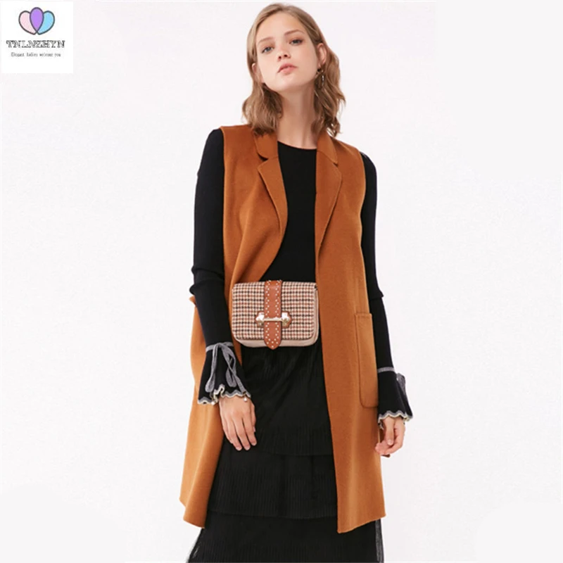 2019 Autumn New Fashion Wool Woolen Vests Coat Women Solid Big Pocket Belt Long Vest Female High Quality Top Office Lady Clothes | Женская