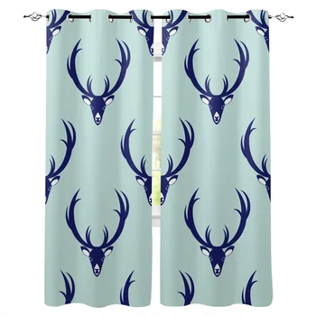 

Deer Head Horns Blue Window Curtains Cartoon Living Room Kitchen Curtains for Bedroom Left and Right Biparting Open Curtains