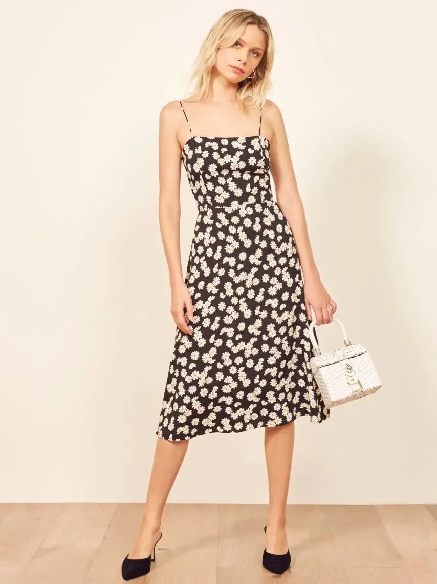

Western Style 19 Spring And Summer Holiday Beach Skirt Black And White with Pattern Daisy Floral-Print Strapped Dress Slim Fit S