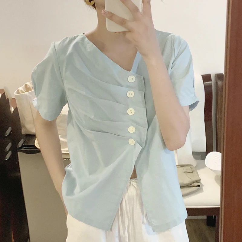 

iMucci Korean Chic Gentle Retro Slimming V-neck Pleated Irregular Single-breasted Solid Color Loose Short-sleeved Shirt Female
