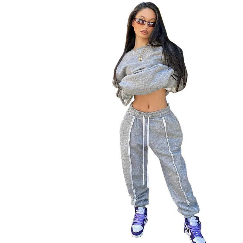 

Women Patchwork Fashion Gray Loose Sport Pants, Autumn Adults High Waist Trousers with Drawstring Slant Pocket