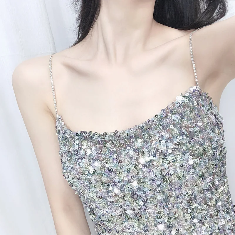 

New summer style slip dress Sequined blingbling Colour bead piece sequin dresses Rich sense of design party gift Slim Spandex