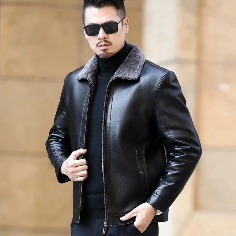 Leather Leather Jacket Men's Fur One Casual Thickened Plus Cashmere Sheep Leather Jacket Short Coat men's winter genuine leather coats & jackets