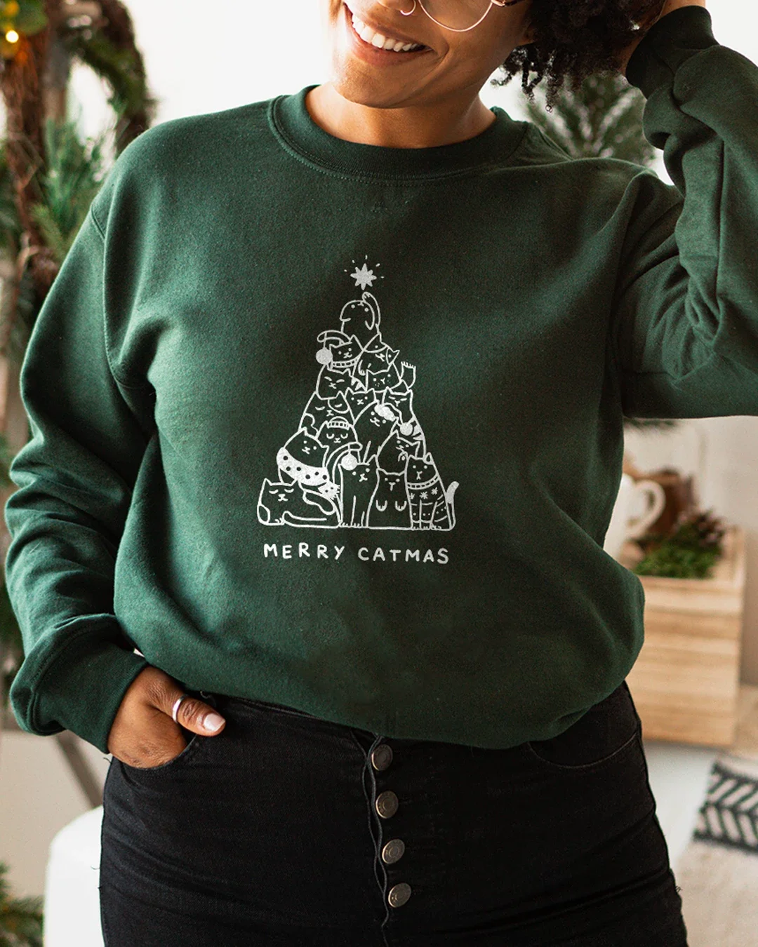 MERRY CATMAS Рождество Женская мода милый Графический дерево милый Графический слоган Толстовка tumblr молодой хипстер винтажный пуловер Топы