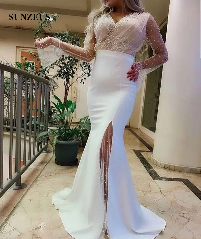 Pearls Beaded Long Sleeves Formal Dresses Mermaid V-neck Floor Length Long Evening Gowns Women Party Wear