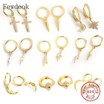 

100% 925 Silver Small Round Gold Color Golden Lightning Zirconia Hoop Earring Ear Ring Clips For Women Pendientes Geometric 2020
