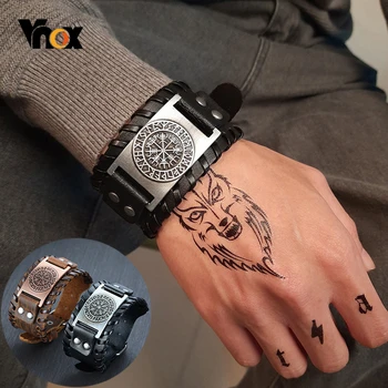 Vnox Men’s Stylish Viking Leather Wrap Bracelets Rock Punk Compass Charm Male Wrist Jewelry Length Adjustable