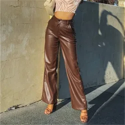 Pantalon taille haute en cuir PU pour femme, ample et décontracté, jambes larges, couleur unie, nouvelle collection printemps automne 2020 