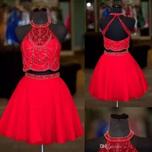 Двойка Бальные платья а-силуэта с лямкой на шее красное V образным вырезом бисером без рукавов элегантные коктейльные платья