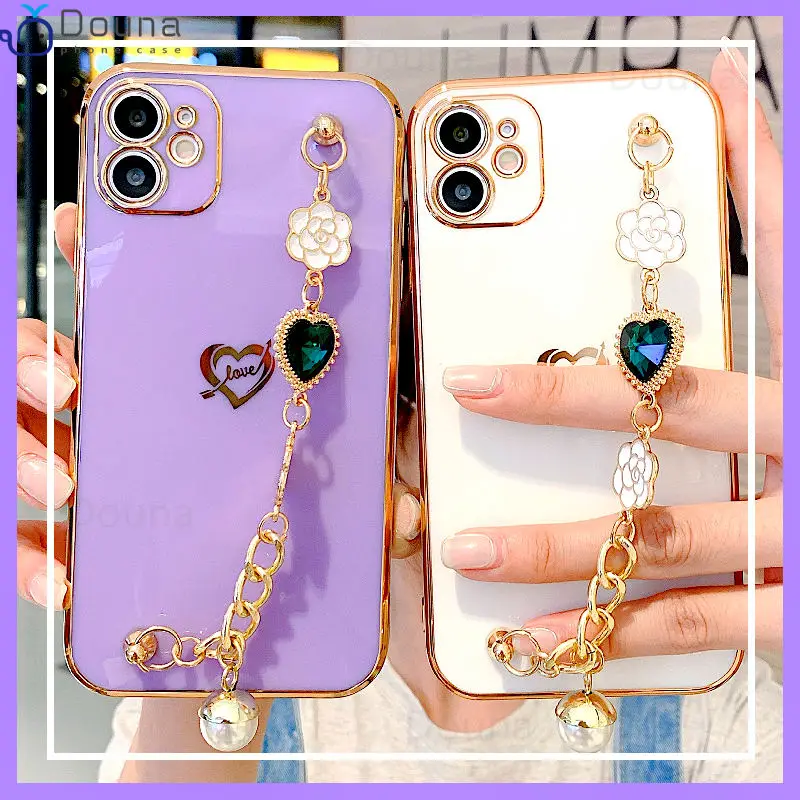 Electroplating Love Heart Gem Pearl Bracelet Wrist Phone Case for IPhone 11 12 Pro Max XR X XS 7 8 Plus SE 2 Soft Back Cover | Мобильные