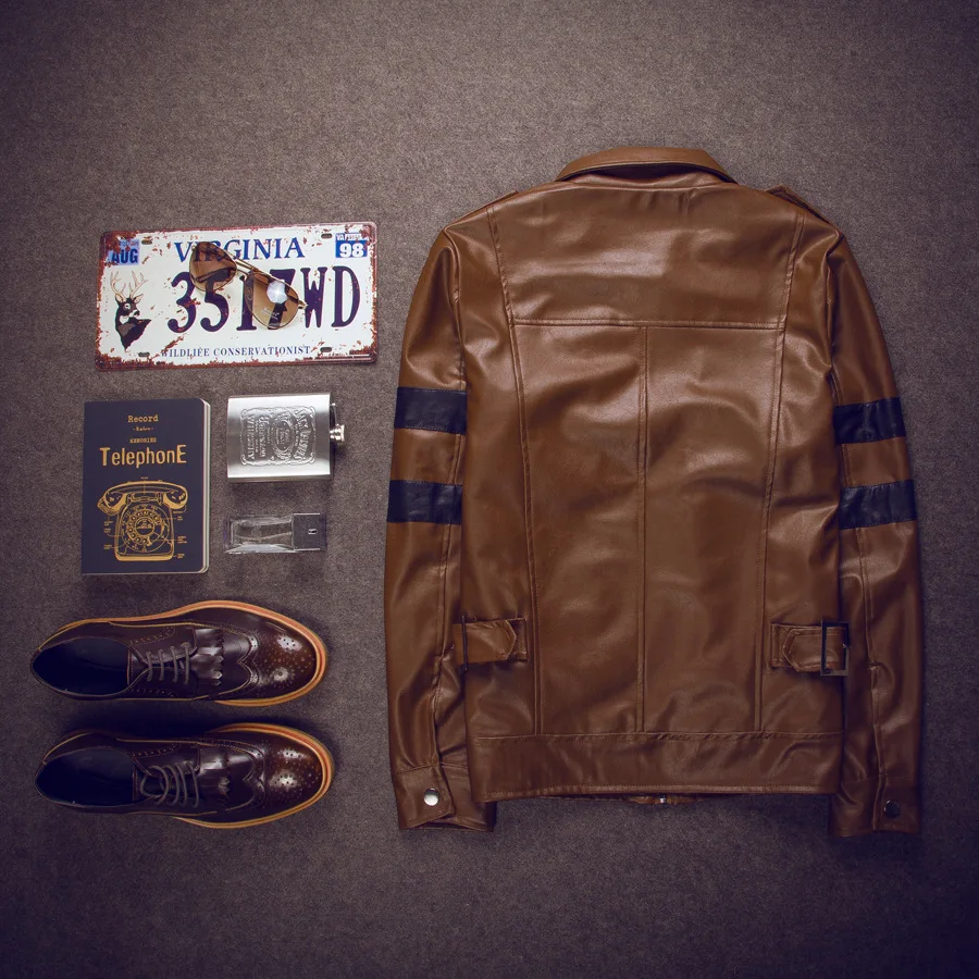 

New Lotte Specifically For Men Short Leather Coat Trend Japanese Style Stand Collar Pocket Color Block Men's Leather Coat Boutiq