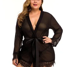 Женское Сексуальное белье больших размеров, кружевное платье-халат, сетчатая прозрачная ночная рубашка, набор стрингов, ночная рубашка с длинным рукавом