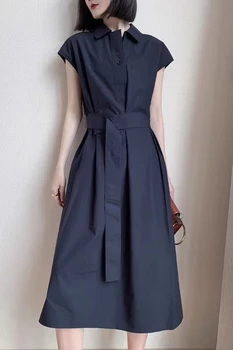 

Women midi dress short sleeve turn-down collar sashes Casual temperament lady dress 2020 NEW