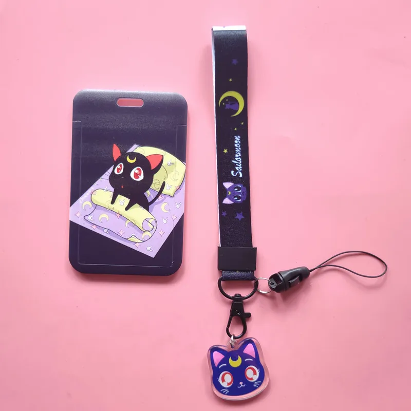 Anime Kawaii Cartoon Moon Cat Lanyard Wristband Credit Card ID Holder Bus Pass Staff Name Tag Badge Holders for Girls