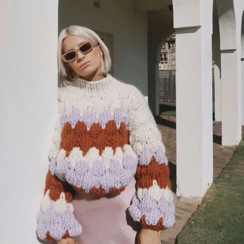 Winter Women Vintage Sweater Pullover Street Fashion Girls Rainbow Striped Coarse Knitted Jumper Ladies Chunky Knitwear