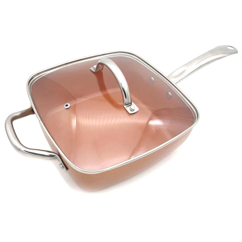 

Hot New Copper Square Pan Induction Chef W/Glass Lid Fry Basket, Steam Rack 4 Piece Set, 9.5 Inches Used in Induction