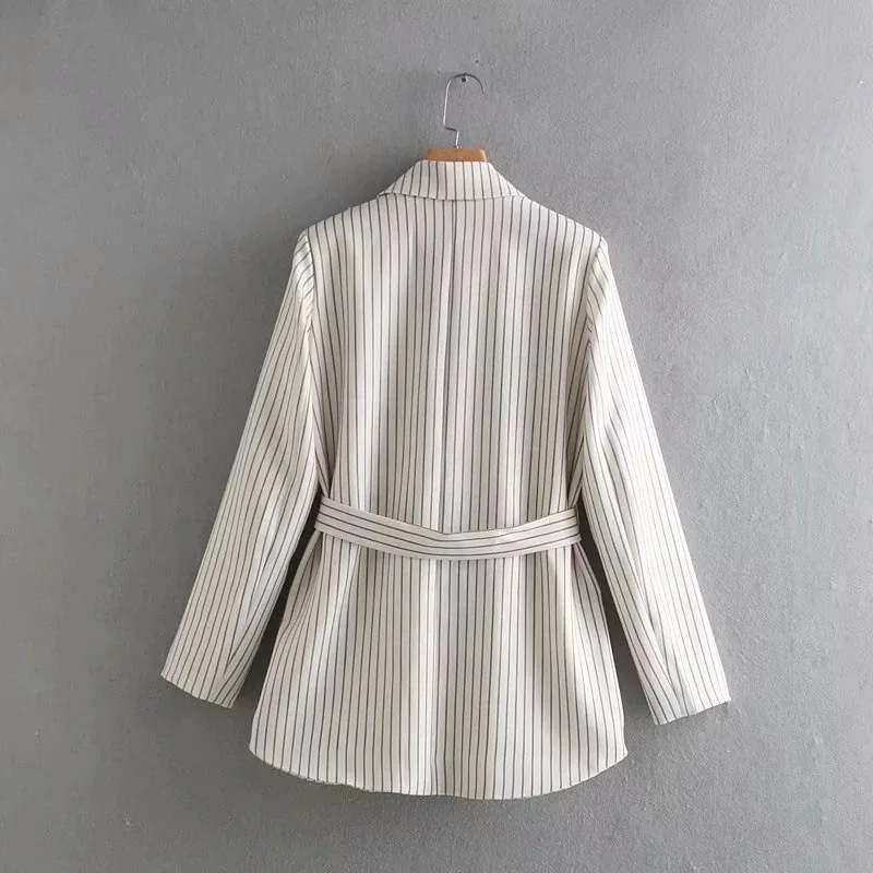 

2019 New Products INS Europe And America WOMEN'S Dress Stripes Double Breasted Lace-up Waist Hugging Suit Coat